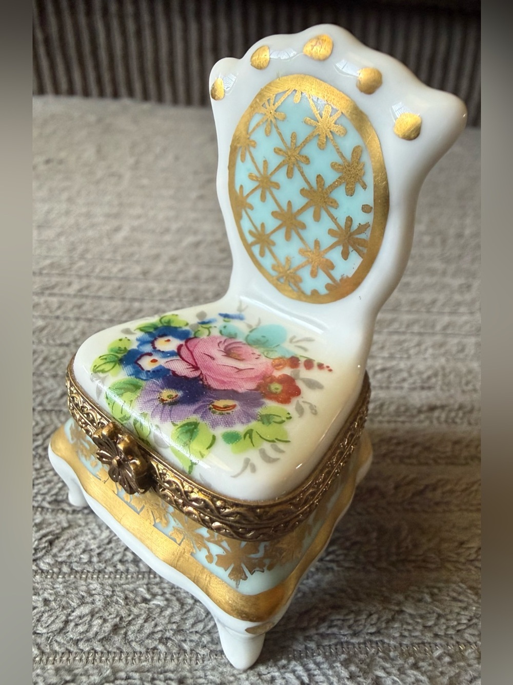 VTG Handpainted Jewelry Limoges France Chair Trinket Box Roses Floral Porcelain